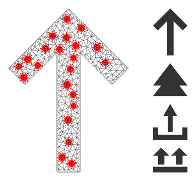 Net up arrow in lockdown style. Mesh wireframe up arrow image in lowpoly style with connected linear items and red infection items. Vector structure is created from up arrow with infection elements.