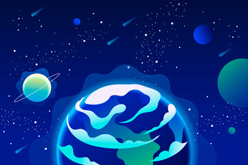 Planet earth in space. Night blue background with planets and stars. Vector cartoon illustration. EPS 10  - 444452952