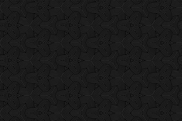 3D volumetric convex embossed geometric black background. Oriental pattern with repeating ethnic elements. Unique ornament for design and decoration.