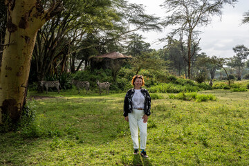 woman tourist in national park on safari 