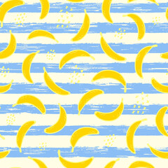 Fototapeta na wymiar seamless pattern with bananas on striped background. Summer, tropical theme.