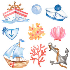 Watercolor set with beach nautical theme, corals, boat, seashells, summer vacation, marine set 