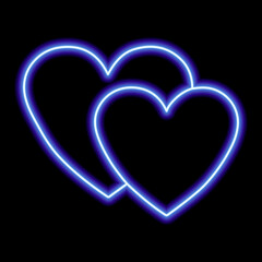 Two neon blue hearts on a black background. Valentine's Day, love, couple, relationship, family