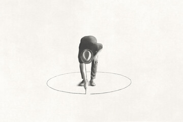 man drawing black circle 
around him with chalk, loneliness concept - obrazy, fototapety, plakaty