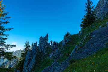 Landscape view of Gastlosen mountain area, with clear skies in the background, shot in Jaun,...