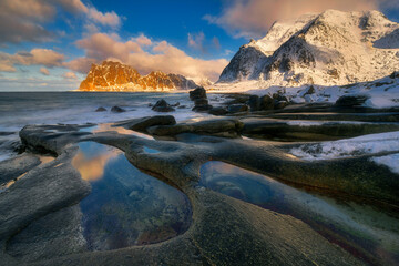 Beach Utakleiv, Beautiful landscape of Norway, around Lofoten islands, Scandinavia