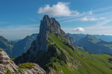 Landscape view of Gastlosen mountain area, with clear skies in the background, shot in Jaun,...