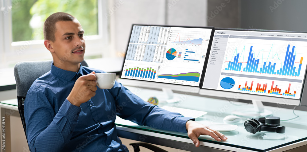 Poster analyst man using business data analytics