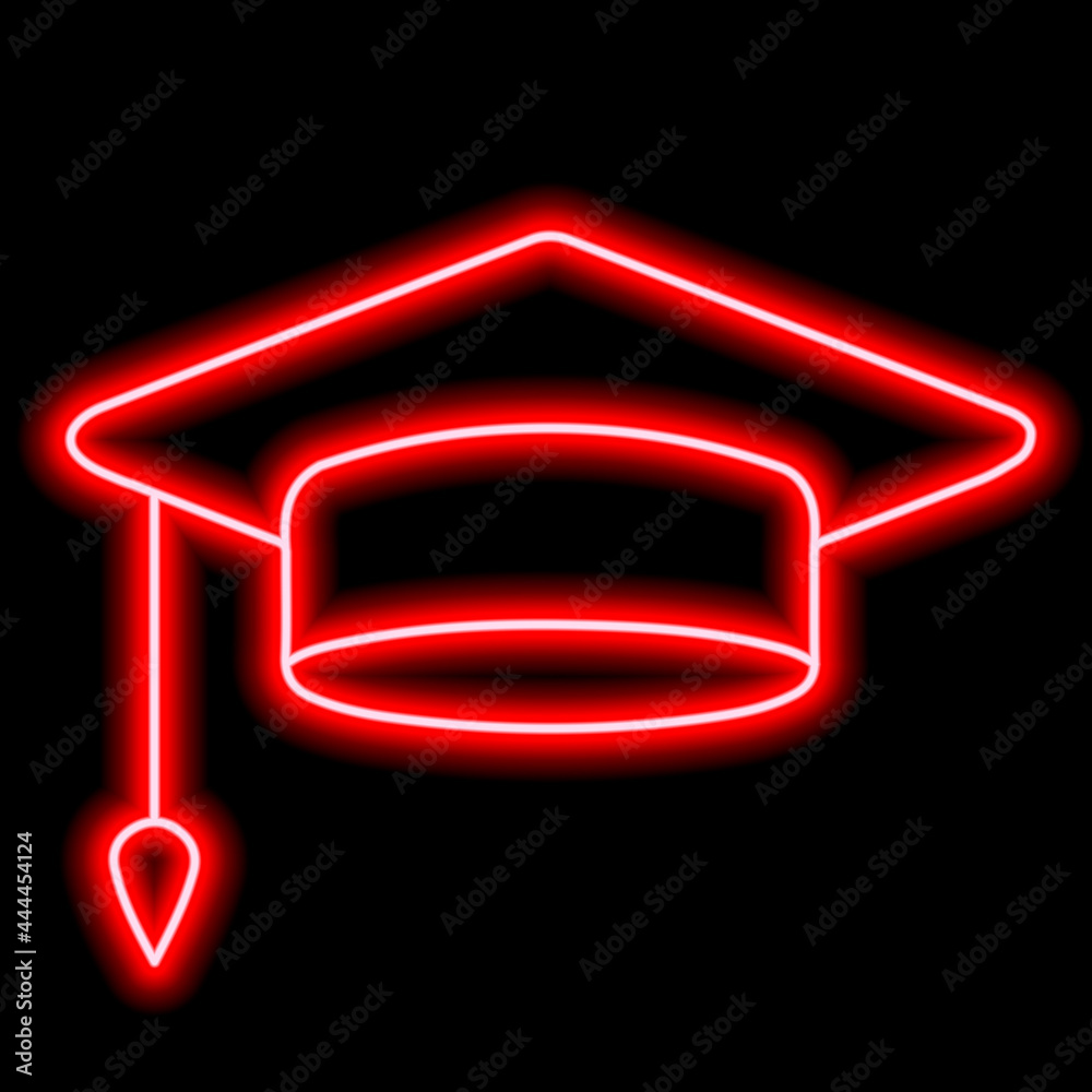 Wall mural Neon red silhouette of mortar board of graduate on black background. Education, college - Wall murals