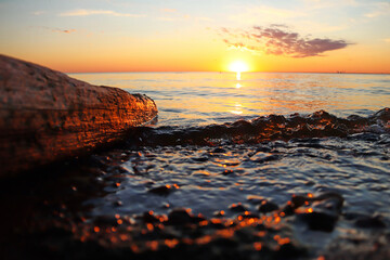 orange sunset over the river with a log and small wave