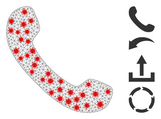 Polygonal phone receiver with lockdown style. Mesh carcass phone receiver image in low poly style with connected lines and red covid elements.