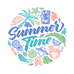 Fototapeta na wymiar summer time with a circle shaped doodle style beach element illustration