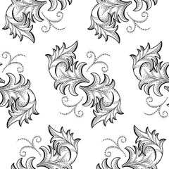 Seamless pattern. Decorative black and white leaves on a white background.