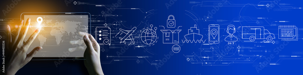 Poster businesswoman hand using digital tablet computer of global logistics network distribution and transp