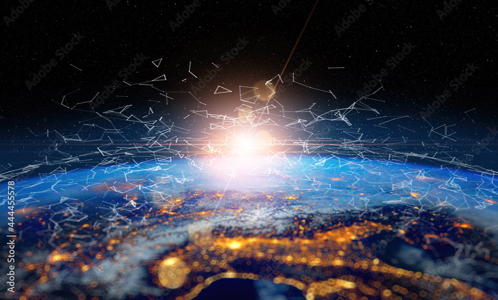 Poster Communication technology for internet business. Global world network and telecommunication on earth cryptocurrency and blockchain and IoT. Elements of this image furnished by NASA
