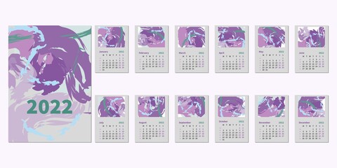 2022 colorful calendar design. Week starts on Monday.Editable calendar page template A4, A3. Vertical. Set of 12 month pages. Abstract artistic vector illustrations. Week number.