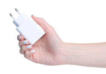 Power Supply USB type-c in hand on white background isolation - obrazy, fototapety, plakaty