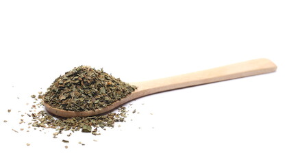 Oregano spice pile in wooden spoon isolated on white background