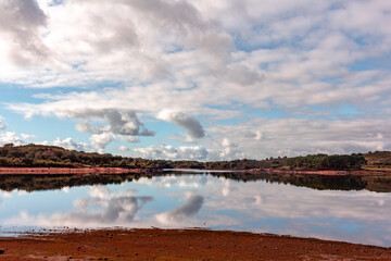 Inland lake. Swamp in Spain in a cloudy day with ocher and orange colors. Reflection in the water....
