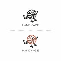 Handmade logo with bird. Bird logo. Yarn icon. Design element for handmade master.