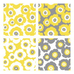 Set of stylish seamless patterns with stylized flowers in pantone 2021 colors. Vector floral background with yellow and grey anemone flowers. Floral pattern for fabric, wallpapers and wrapping paper.