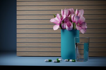 3D rendering, Flower vase with water and capsules and pills on a Brown floor background. Wooden slats and Medicine Copy space for text.
