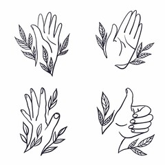 Set of silhouette hands with leaves