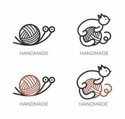 Set of vector logos for knitting. Emblem with cat and yarn. Snail yarn logo.