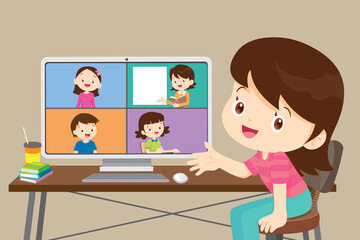 online learning children girl using computer