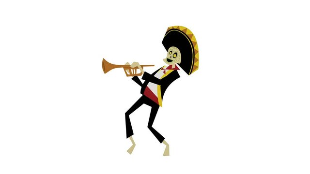Mexican skeleton playing the trumpet to celebrate the Day of the Dead. 4K. Motion graphics. Alpha channel.