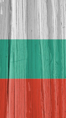 Fragment of the flag of Bulgaria on dry cracked wooden surface. It seems to flutter in the wind. Vertical mobile phone wallpaper with Bulgarian national symbol. Hard sunlight with shadows on old wood