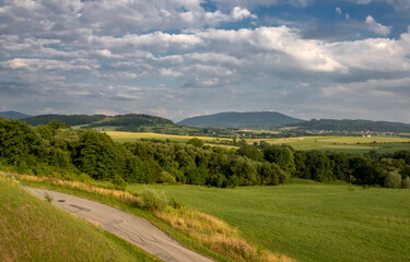 Fototapeta na wymiar View on Chelm Mountain and surrounding fields in Goleszow from Ogrodzona