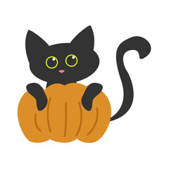 Cheerful black cat hugging a pumpkin. Cute black kitty. Design for Halloween. Can be used for stiker, banner, card, poster and any design.