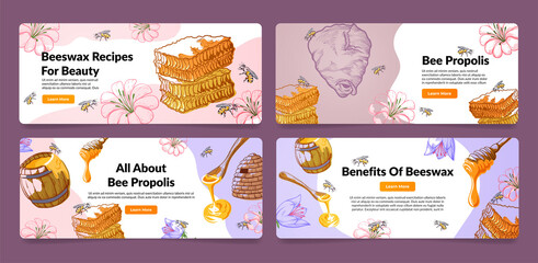 Collection horizontal landing page banner bee product vector engraved honeycomb with insect