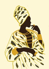 African American Woman, dark skin female face. National African costumes, accessories, dresses, flat lay cartoon style illustration yellow pastel background. Fashion girl portrait, good for posters 