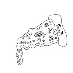 happy halloween black and white coloring doodle delicious piece of monster pizza with pumpkins, skulls, and ghosts isolated on a white background, holiday, scary, food