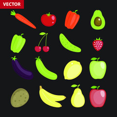 fruits and vegetables colorful icons isolated
