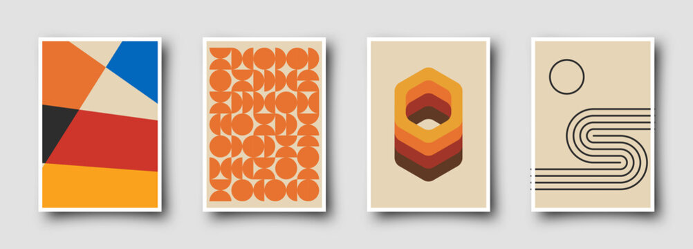 Retro graphic design covers. Cool vintage shape compositions. Trendy colorful bauhaus art templates.