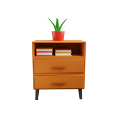 3d drawer illustration with house plant and books isolated on white background. Drawer 3d illustration isolated on white