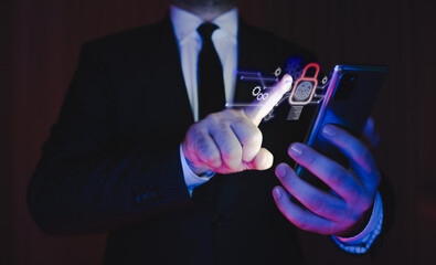 businessman in suit holding smartphone using fingerprint security system. biometric security system with mobile technology.