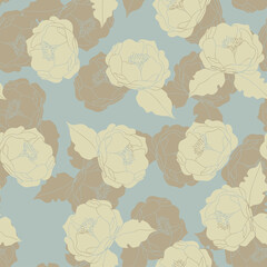 Seamless vector floral wallpaper. Decorative vintage pattern in classic style with flowers. Two tone ornament with beije peony silhouette on blue gray background