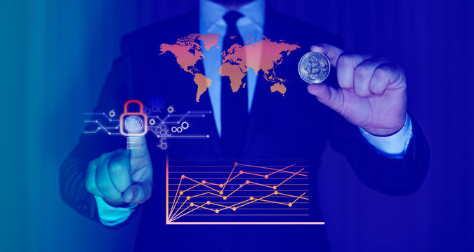 Stockbroker man logging into cryptocurrency exchange with fingerprint biometric technology. bitcoin world security system. - Powered by Adobe