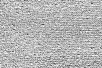 Grunge texture of the surface of a terry towel. Monochrome background of coarse fabric with spots, noise and grain. Overlay template. Vector illustration