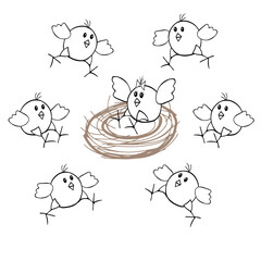 One hand drawn chicken sit in the brown nest and group of chickens run on a white background