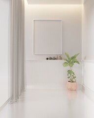 Mock up interior background with photo frame, room with white walls, potted plants in the house, 3D rendering