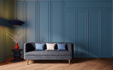 Mockup in a classic living room, interior with blue walls, 3D rendering