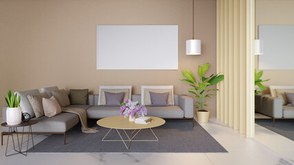 The interior of the living room in brown and cream tones with a sofa set with lamps and a picture frame on the wall of the room.3d rendering.
