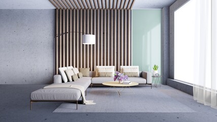 The interior of the living room in gray tones with sofa set and lamps has a slatted wall with mirrors. , The light from the window filters the light with sheer curtains.3d rendering