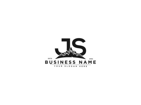 Letter JS Logo, line art js mountain logo icon vector for river forest hill landscape typography image design
