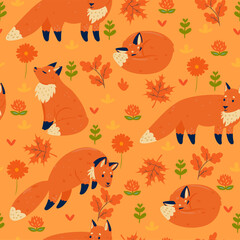 Obraz na płótnie Canvas Seamless pattern with autumn foxes. Vector graphics.